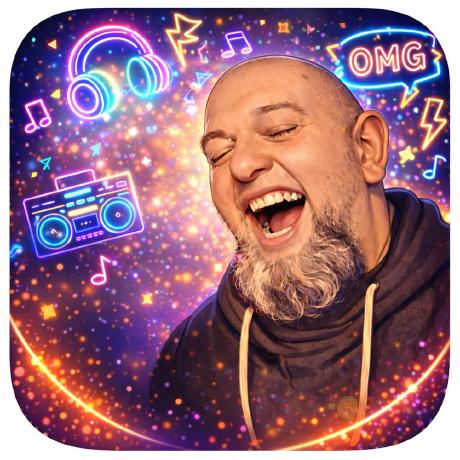 Mario Mravik lachend, Neon-Illustration