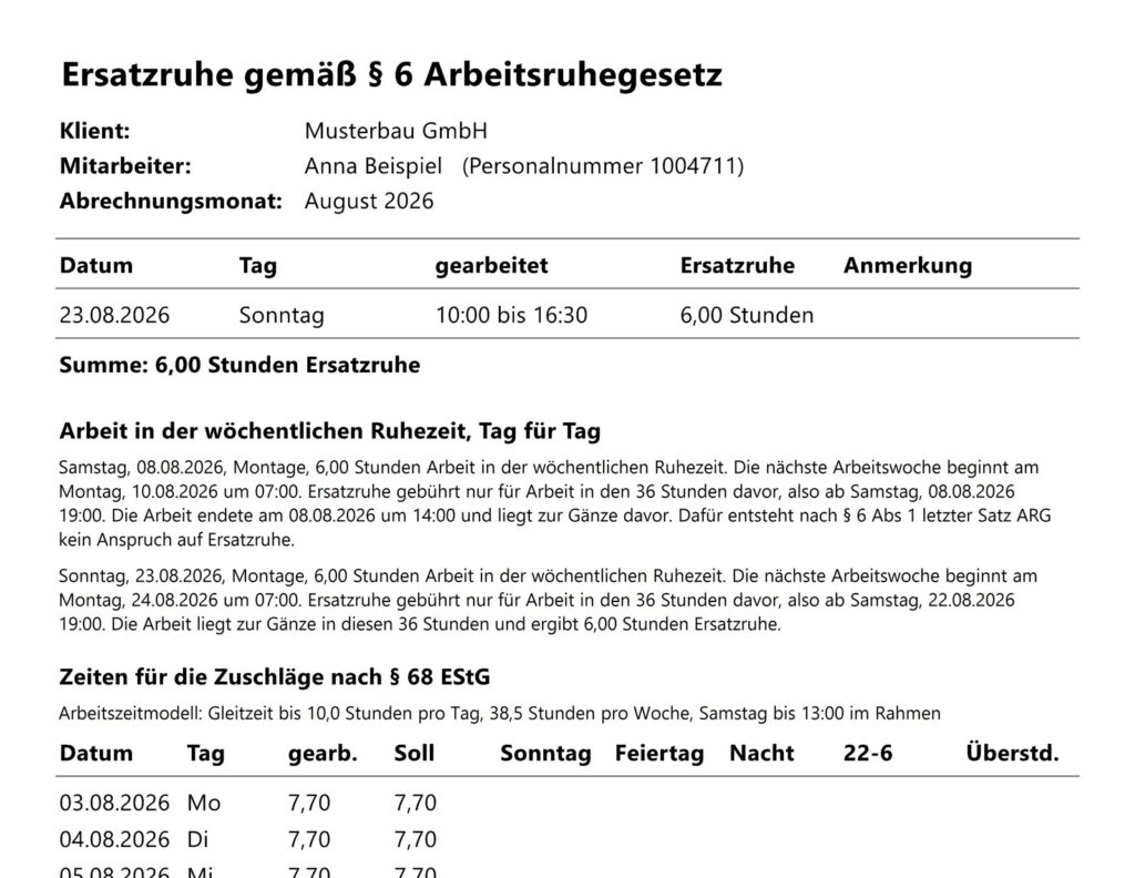 Ausgedrucktes Blatt für den Klienten mit Ersatzruhe, Erklärung je Wochenende und den Zeiten für die Zuschläge