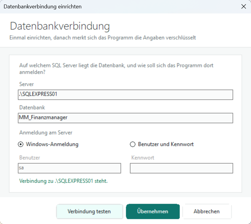 Beispiel im M-Finanzmanager: Fenster Datenbankverbindung mit Server, Datenbank, Windows-Anmeldung und grüner Meldung, dass die Verbindung steht