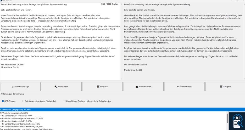 MAIDetector: Ursprünglicher und überarbeiteter Text nebeneinander