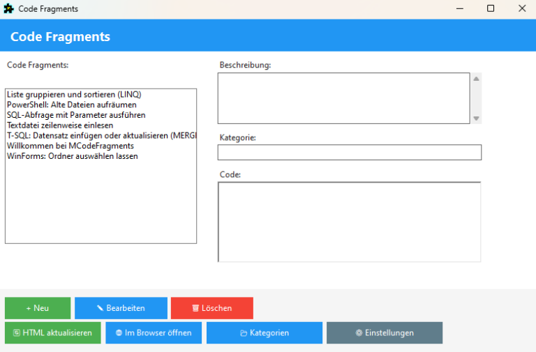 MCodeFragments Hauptfenster (Screenshot)