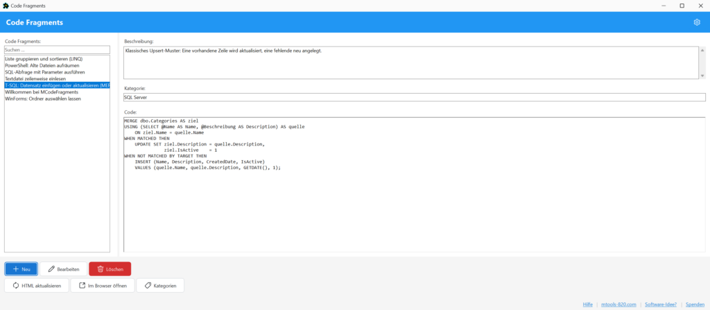 MCodeFragments: Fragmentübersicht mit einem T-SQL-Baustein und seinem Code