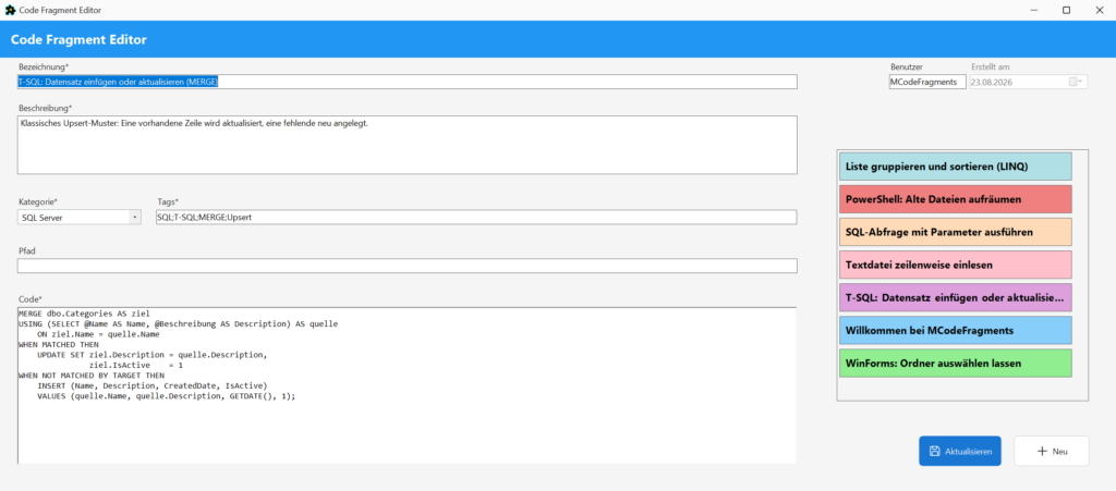 MCodeFragments: Editor mit Bezeichnung, Beschreibung, Kategorie, Tags und dem T-SQL-Code