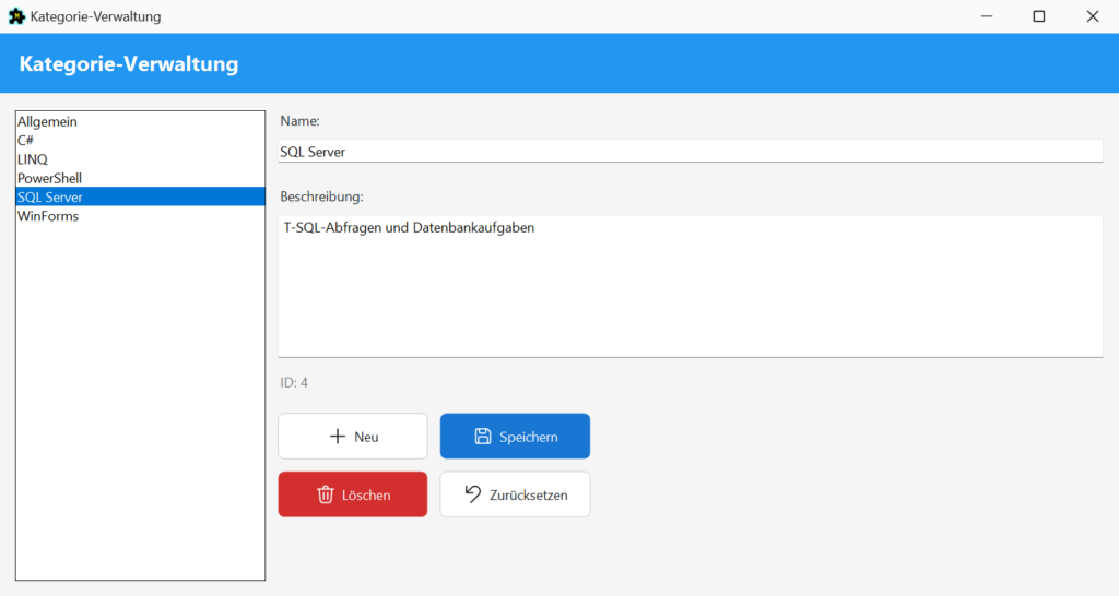MCodeFragments: Kategorieverwaltung mit den eigenen Kategorien, SQL Server gewählt