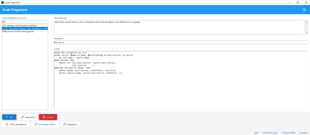 MCodeFragments: Suche nach SQL, die Liste zeigt drei von sieben Bausteinen
