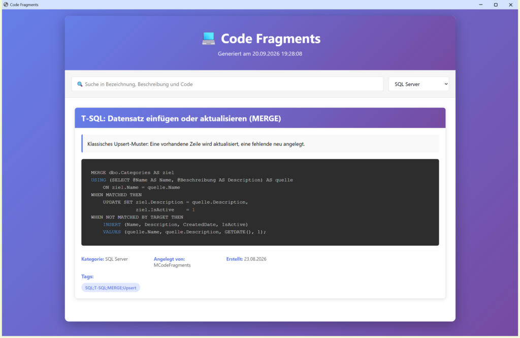 MCodeFragments: erzeugte HTML-Übersicht im Browser, nach SQL Server gefiltert, mit T-SQL-Anweisung