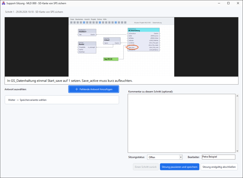 Support-Sitzung in M-OVManager: Prüfschritt mit hinterlegtem Bild der SPS-Software und Bildtext darunter, zum Vergleich mit der Anlage