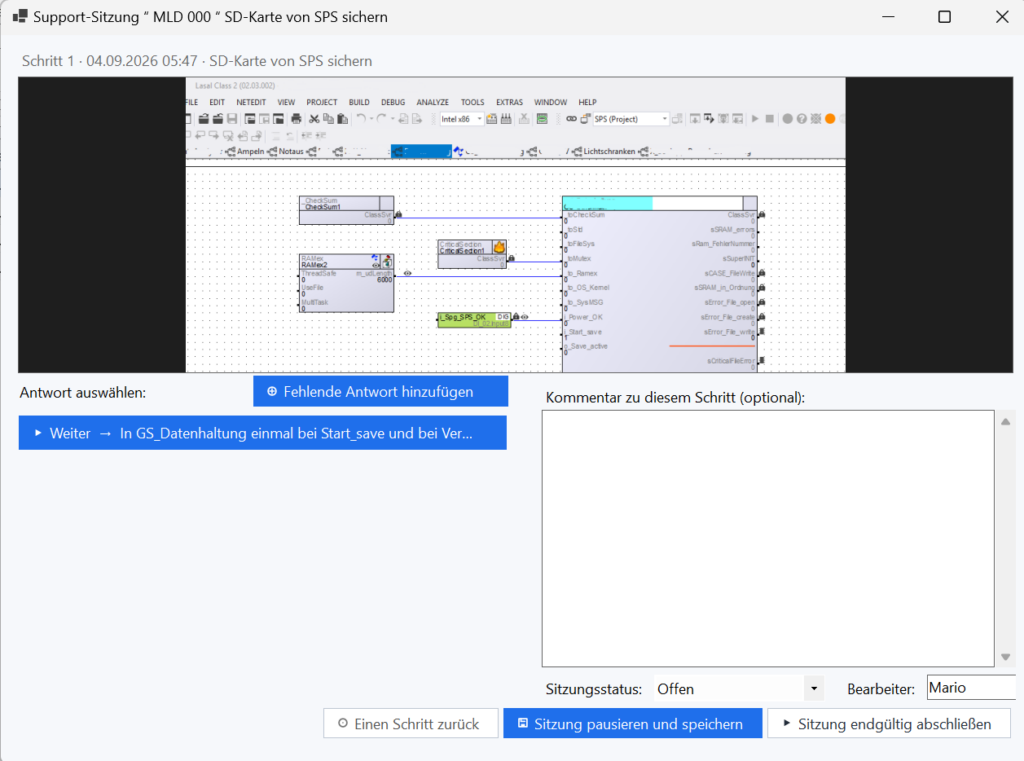 Support-Sitzung in MOV_Manager: Prüfschritt mit hinterlegtem Bild der SPS-Software zum Vergleich mit der Anlage