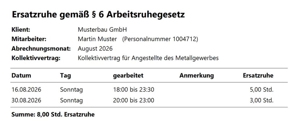 Bericht für den Klienten: Ersatzruhe nach § 6 Arbeitsruhegesetz mit Tagen und Summe