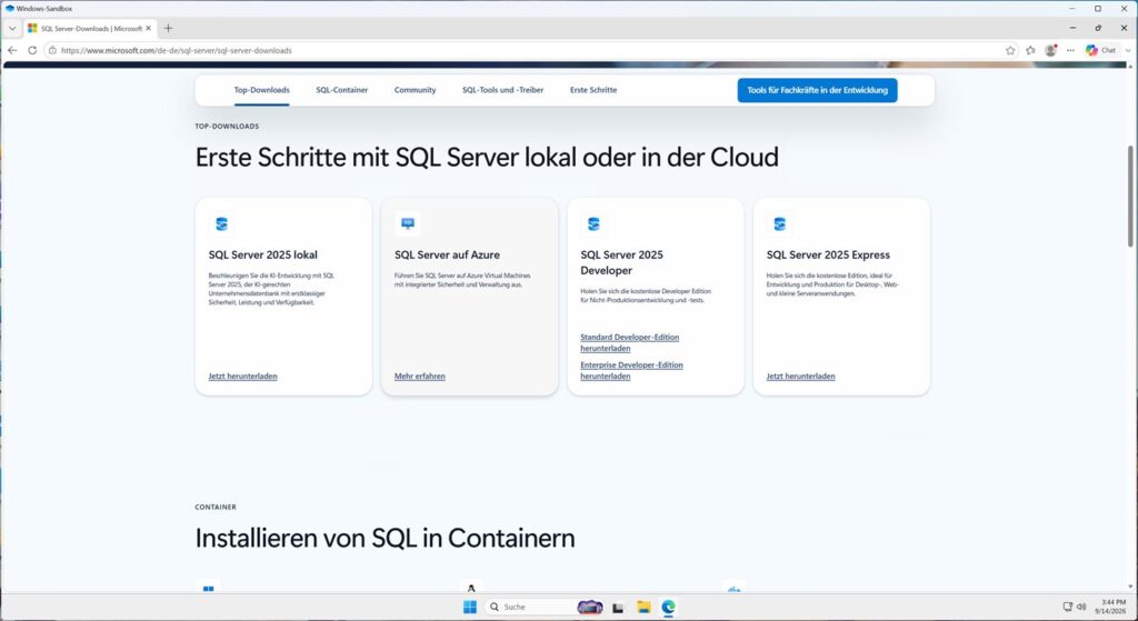 Microsoft-Downloadseite mit der Kachel SQL Server 2025 Express und dem Link Jetzt herunterladen