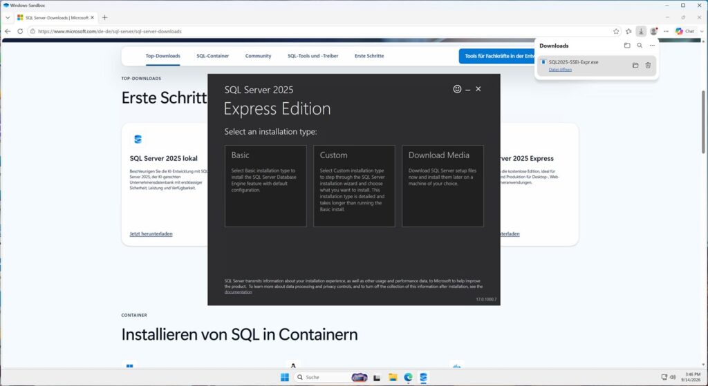 Installer von SQL Server 2025 Express mit den drei Installationsarten Basic, Custom und Download Media