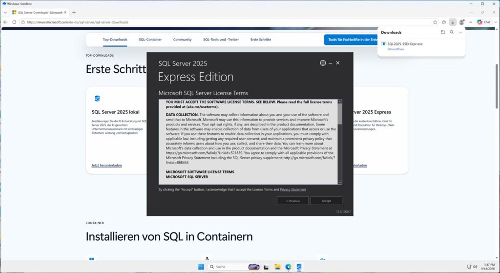 Lizenzbedingungen von SQL Server 2025 Express mit dem Knopf Accept