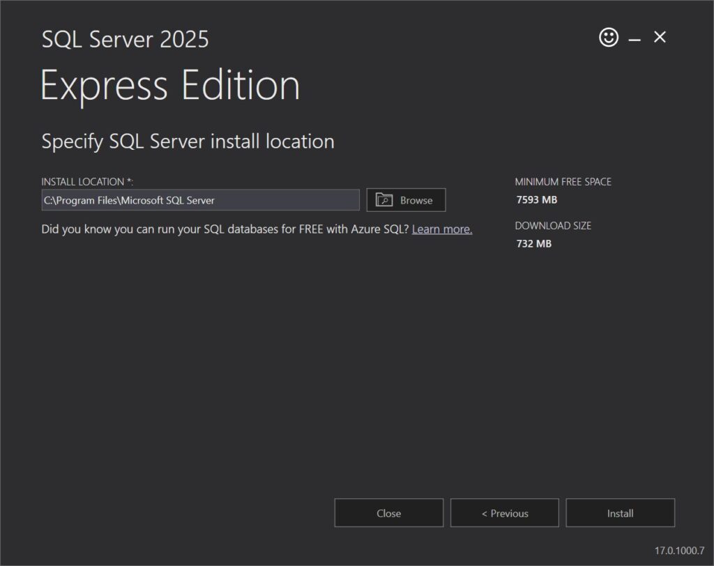 Installationsort von SQL Server 2025 Express mit vorgeschlagenem Ordner und dem Knopf Install