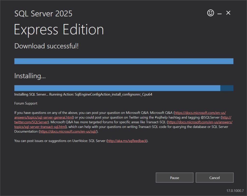 Fortschrittsanzeige der Installation von SQL Server 2025 Express
