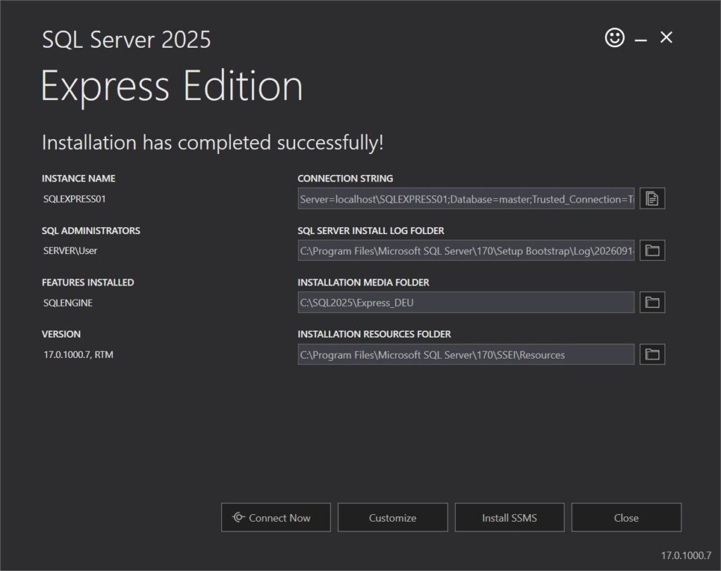 Erfolgsfenster von SQL Server 2025 Express mit Instanzname und Verbindungszeichenfolge