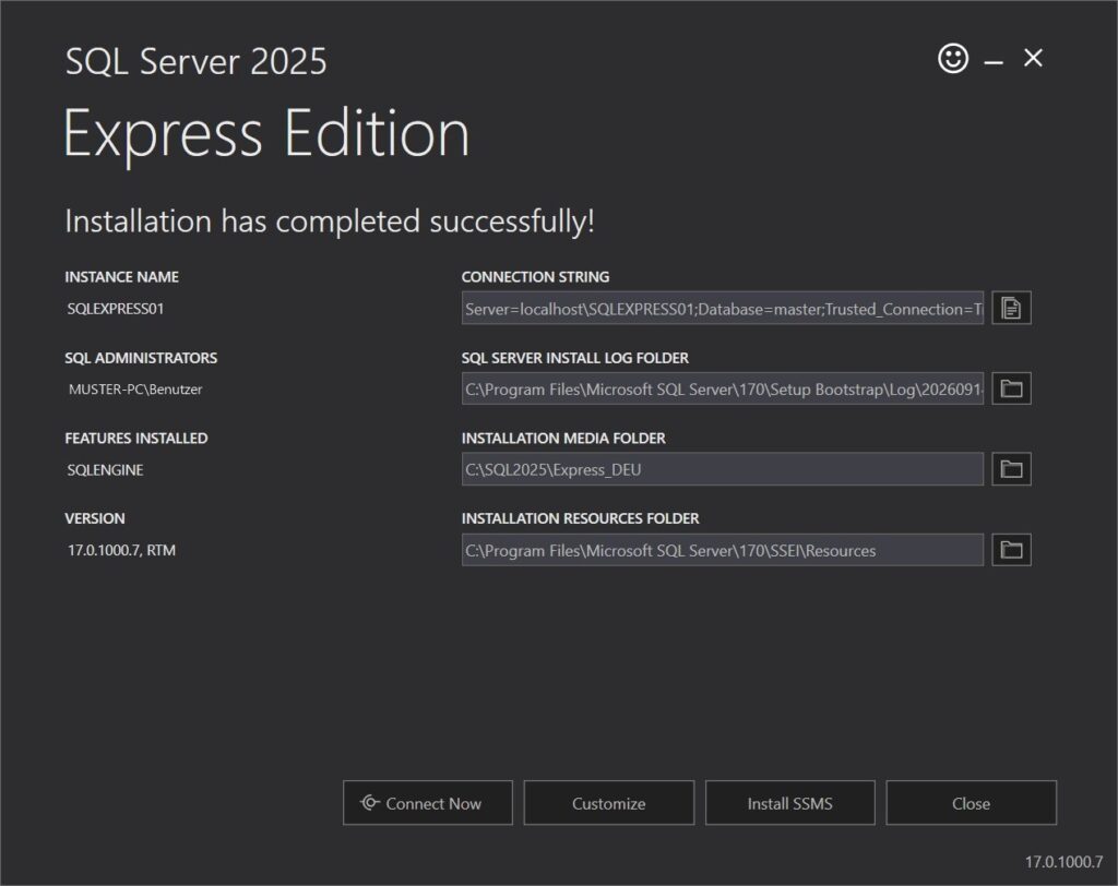 Erfolgsfenster von SQL Server 2025 Express mit Instanzname und Verbindungszeichenfolge
