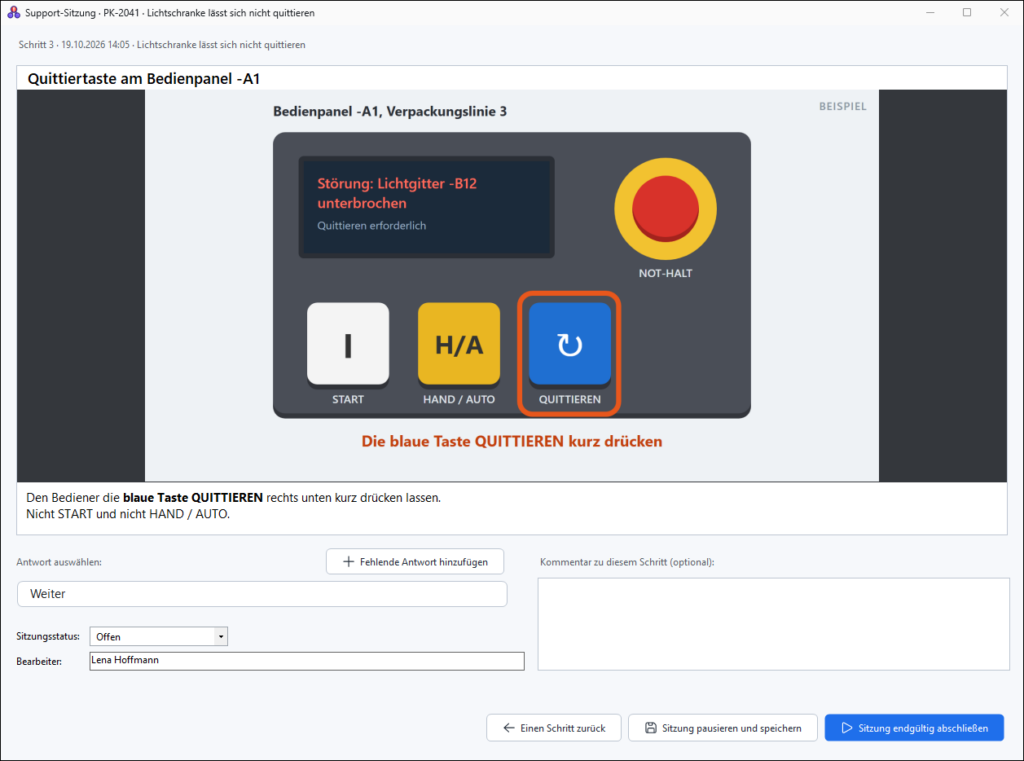 M-InstructionManager: startest eine Support-Sitzung und gehst Schritt für Schritt durch den Prüfablauf, mit Bild und Antworten