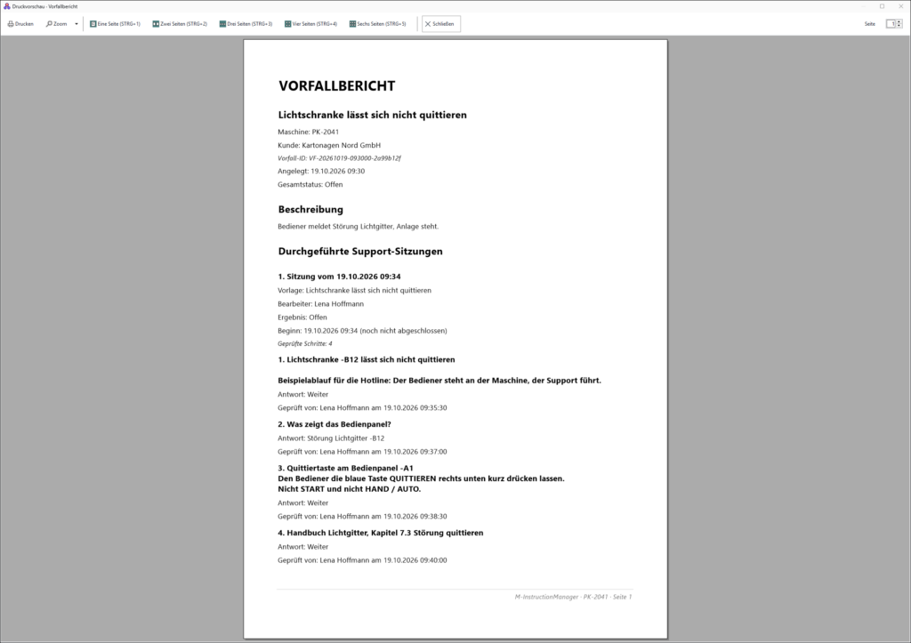 M-InstructionManager: druckst den Verlauf als Vorfallbericht aus oder gibst ihn weiter, ohne etwas abzutippen